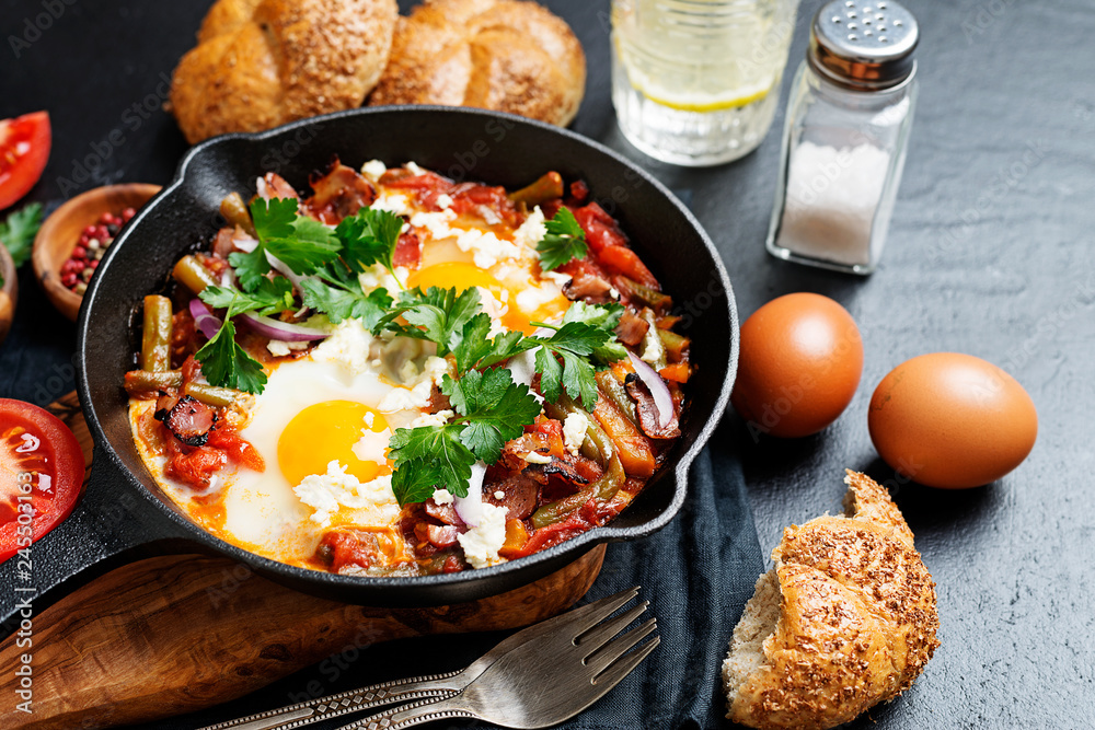 Shakshuka, Fried Eggs in Tomato Sauce for breakfast. Shakshuka, Fried Eggs in Tomato Sauce for breakfast.
