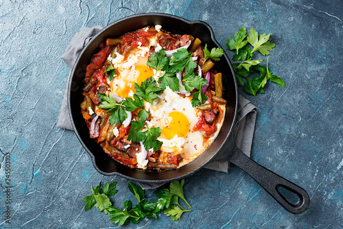 Shakshuka, Fried Eggs in Tomato Sauce for breakfast.