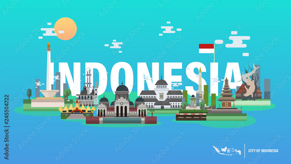 City of Indonesia Vector Illustration - Jakarta Yogyakarta Bali Aceh Pontianak Bandung Lampung Surabaya Bangka Belitung