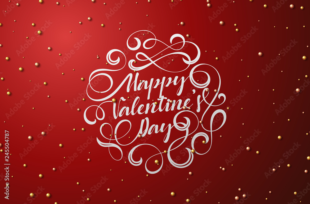 Happy Valentines Day lettering of white color for greeting card. Bright gold beads on a red background. Festive banner and poster.
