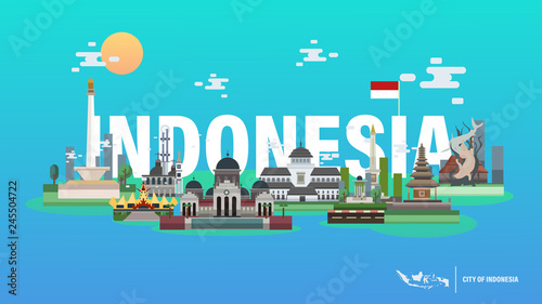City of Indonesia Vector Illustration - Jakarta Yogyakarta Bali Aceh Pontianak Bandung Lampung Surabaya Bangka Belitung photo
