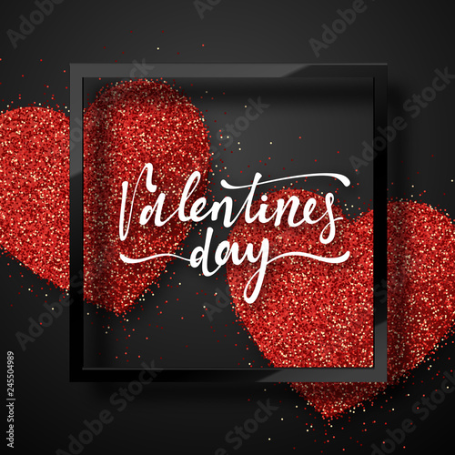 Happy Valentines Day lettering greeting card on red bright heart background. Festive banner and poster.