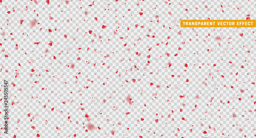 Valentines Day background of red hearts petals falling. Symbol of love for the label gift packages. Flower petal in shape of heart confetti. Decor element for greeting cards. Transparent vector effect