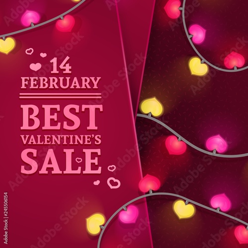 Template design banner tape for Valentine's day offer. Red background with decor neon heart shape garland and swirl elements for Happy Valentine's day sale. Romantic promotion card and flyer. Vector