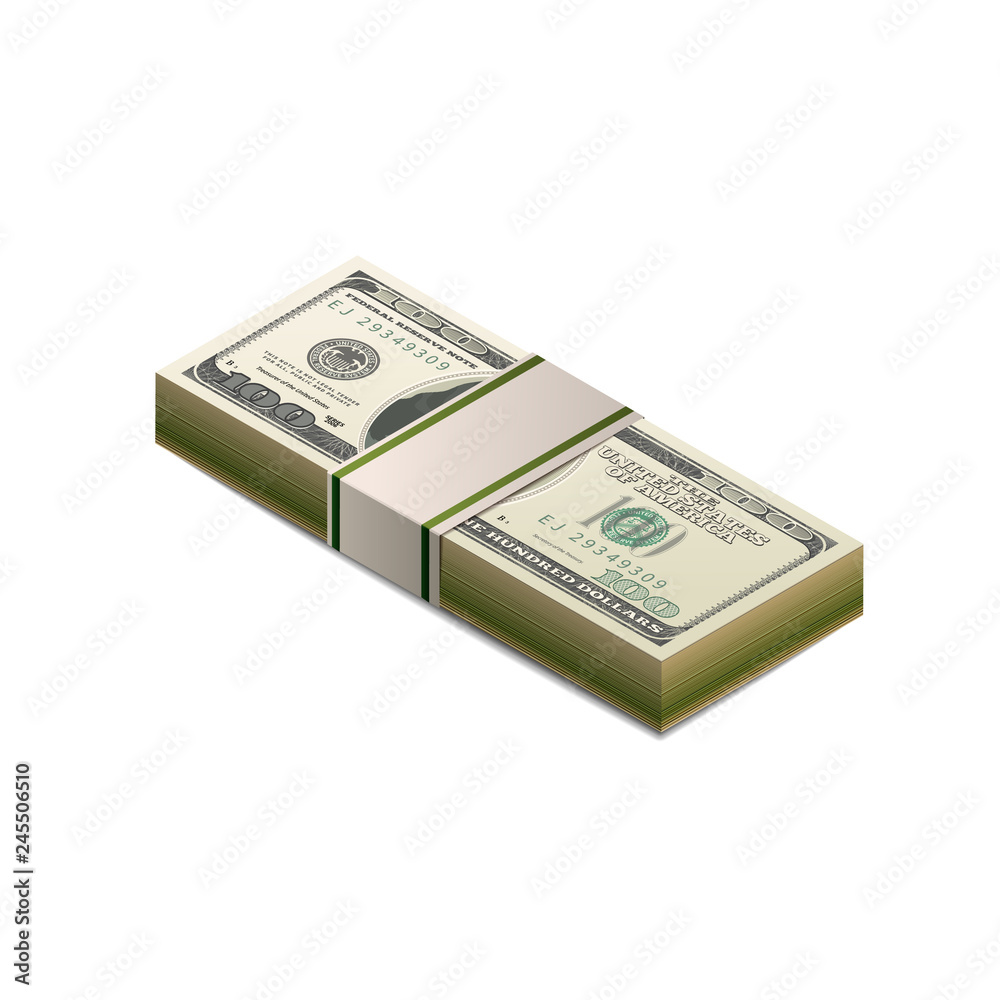 Stack of dummy one hundred US dollars banknote in isometric view on white Stack of dummy one hundred US dollars banknote in isometric view on white