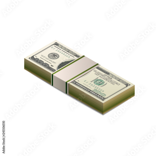 Stack of dummy one hundred US dollars banknote in isometric view on white