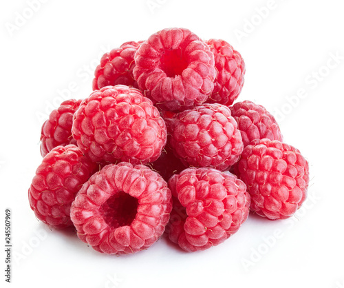 pile of fresh ripe raspberry fruits isolated on white background