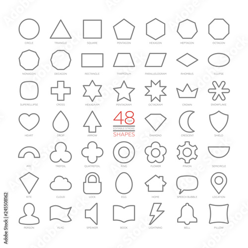 Editable stroke outline vector set basic education shapes. Thin geometric figures collection. Simple design symbols. Circle, triangle, square, arc, trefoil, quatrefoil, ring, flower, pinion, location. photo