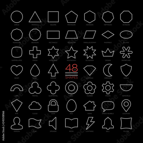 Editable stroke outline vector set basic design shapes. Thin geometric education figures collection. Simple isolated symbols.
