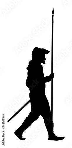 Knight in armor with spear and sword vector silhouette isolated on white. Medieval fighter in battle. Hero keeps castle walls. Armed man defends honor of his family and people. Defend against enemy.