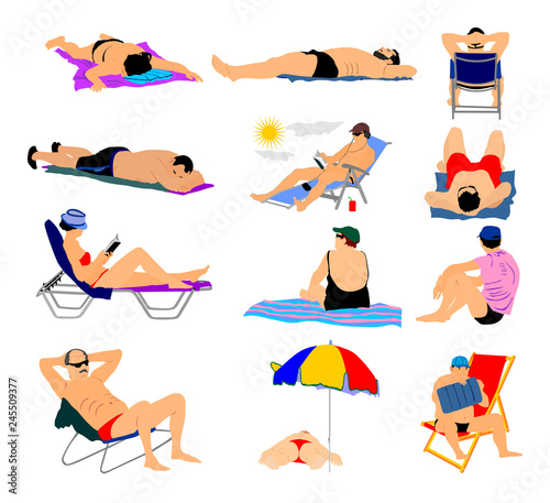 Sunny day on the beach vector illustration. (girl, man, woman, swimmer, tourists). Water sport. Happy people active life. Skin care protection concept. Summer time. Holiday rest and relaxation.