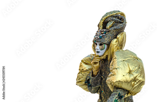 Person in carnival mask at white background