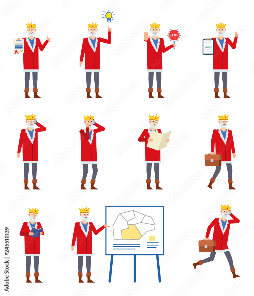 Set of old king characters showing various actions. Cheerful king holding stop sign, reading book, running, walking, talking on phone and showing other actions. Flat design vector illustration