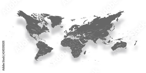 Modern political map of World. Distorted design with bent corners and dropped shadow. 3D effect vector illustration