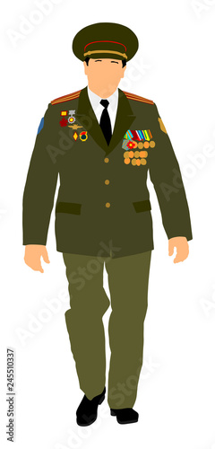 Soviet army officer in uniform vector illustration. Russian general marshal profile vector. Soldier in uniform. Military commander. Marsh officer in a ceremonial procession. Military parade.