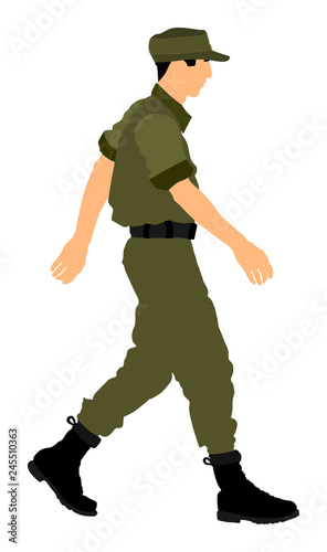 Army soldier walking vector illustration isolated on white background. (Memorial day, Veteran's day, 4th of july, Independence day).  Soldier saluting in uniform on defile. Soldier go home after duty.