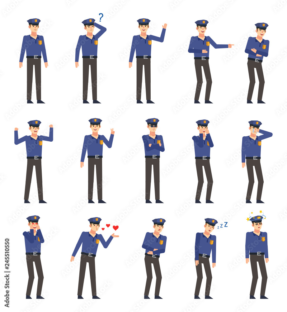 Set of policeman characters showing various emotions. Police officer crying, laughing, angry, sleeping, in love, tired and showing other expressions. Flat design vector illustration