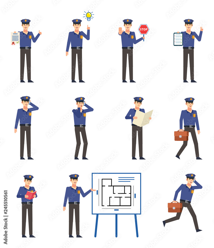 Set of policeman characters showing various actions. Cheerful police officer talking on phone, reading book, holding stop sign, walking and showing other actions. Flat design vector illustration