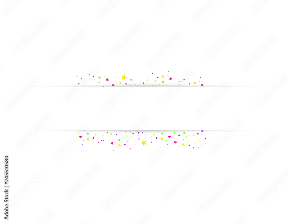 Blank banner with color confetti isolated on white background. Vector festive background. Happy birthday concept Blank banner with color confetti isolated on white background. Vector festive background. Happy birthday concept