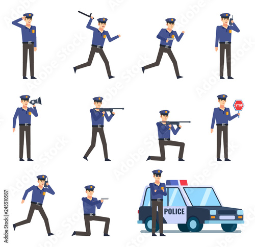 Set of policeman characters showing various actions. Police officer holding gun, loudspeaker, stop sign, running, talking on phone and showing other actions. Flat design vector illustration