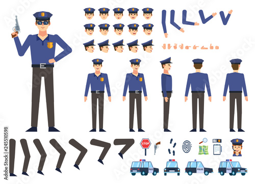 Police officer creation kit. Create your own pose, action, animation. Various emotions, gestures, design elements. Flat design vector illustration