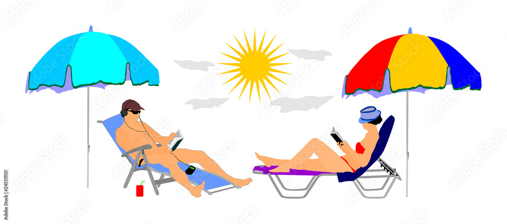 Young beautiful woman and man lying down on sun bed lounge chair on beach, and reading books. Summer luxury vacation by pool sunbathing. Handsome girl and boy on the beach. Skin care sun protection. 
