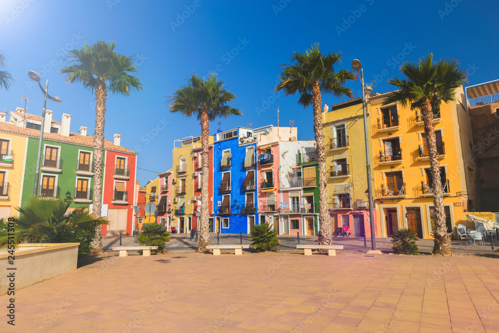 Fototapeta premium Beautiful promenade with flowers, palm trees, trees against the colorful houses of the ancient city of Villajoyosa Spain.