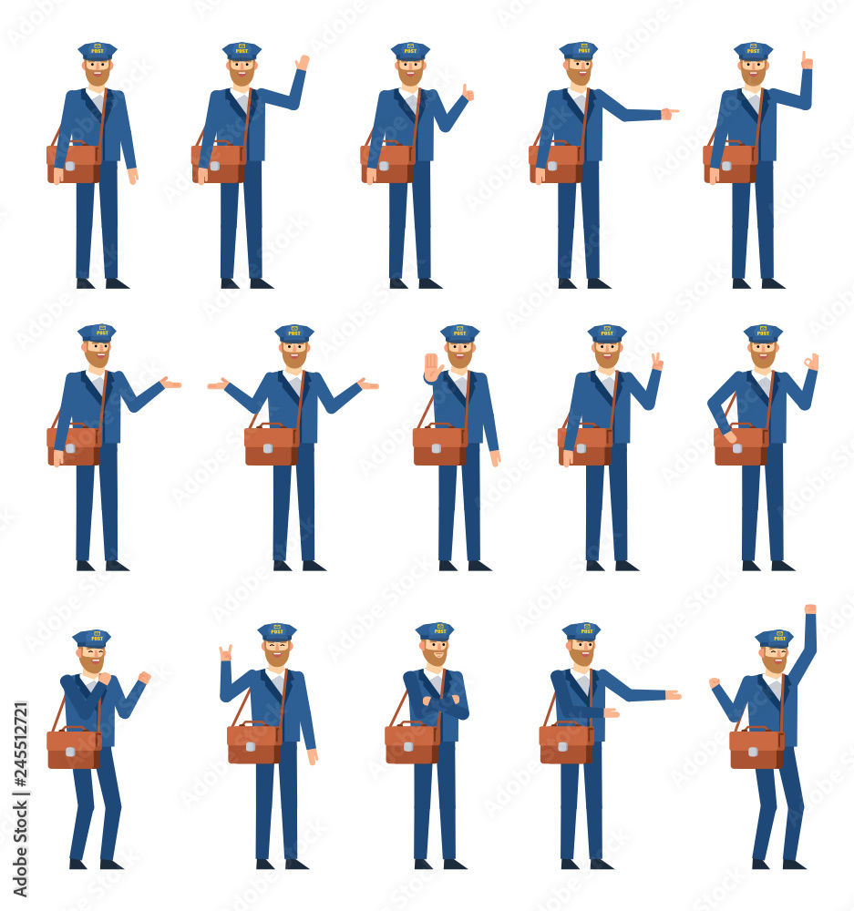 Set of postman characters showing various hand gestures. Cheerful mailman pointing, greeting, showing thumb up, victory hand and other gestures. Flat design vector illustration