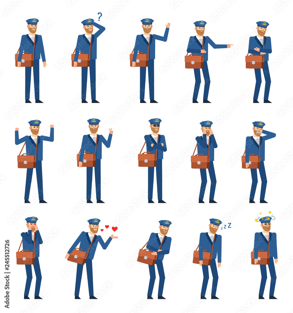 Set of postman characters showing various emotions. Mailman thinking, laughing, crying, tired, angry, in love and showing other expressions. Flat design vector illustration