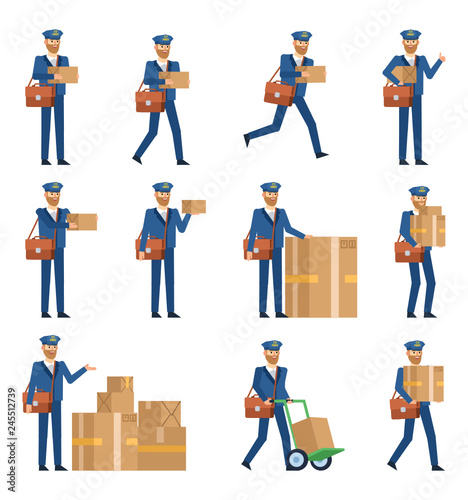 Set of postman characters posing with various parcel boxes. Mailman holding package, pointing to box, running, walking and showing other actions. Flat design vector illustration