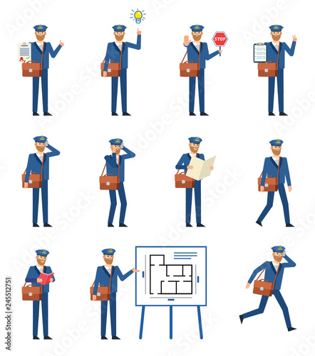 Set of postman characters showing diverse actions. Cheerful mailman holding paper, document, stop sign, map, reading book, running, talking on phone. Flat design vector illustration