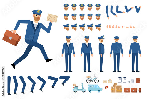Postman creation kit. Create your own pose, action, animation. Various emotions, gestures, design elements. Flat design vector illustration