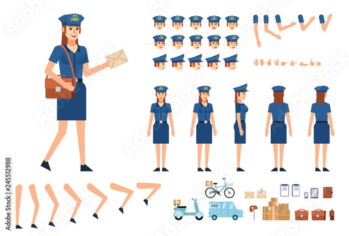 Postwoman creation kit. Create your own pose, action, animation. Various emotions, gestures, design elements. Flat design vector illustration