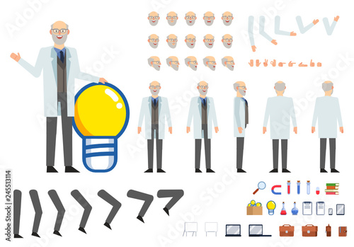 Old professor creation kit. Create your own pose, action, animation. Various emotions, gestures, design elements. Flat design vector illustration