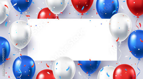 Formal greeting design in national blue, red and white colors with realistic flying balloons. Celebration, festival background. Greeting banner or poster with white, blue, and red helium balloons.