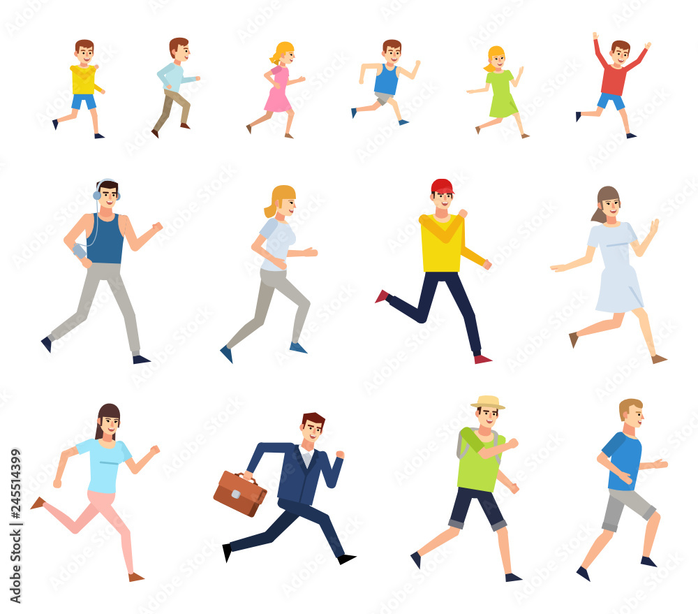 Set of people running. Man, woman, boy and girl running. Flat design vector illustration