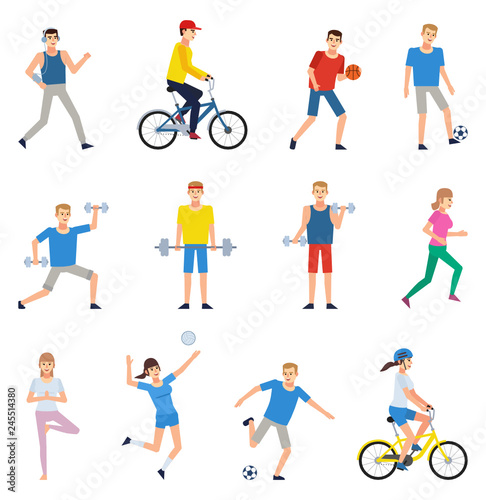 Set of people doing various sports. Man and woman riding bike, playing football, basketball, volleyball, running and showing other actions. Flat design vector illustration