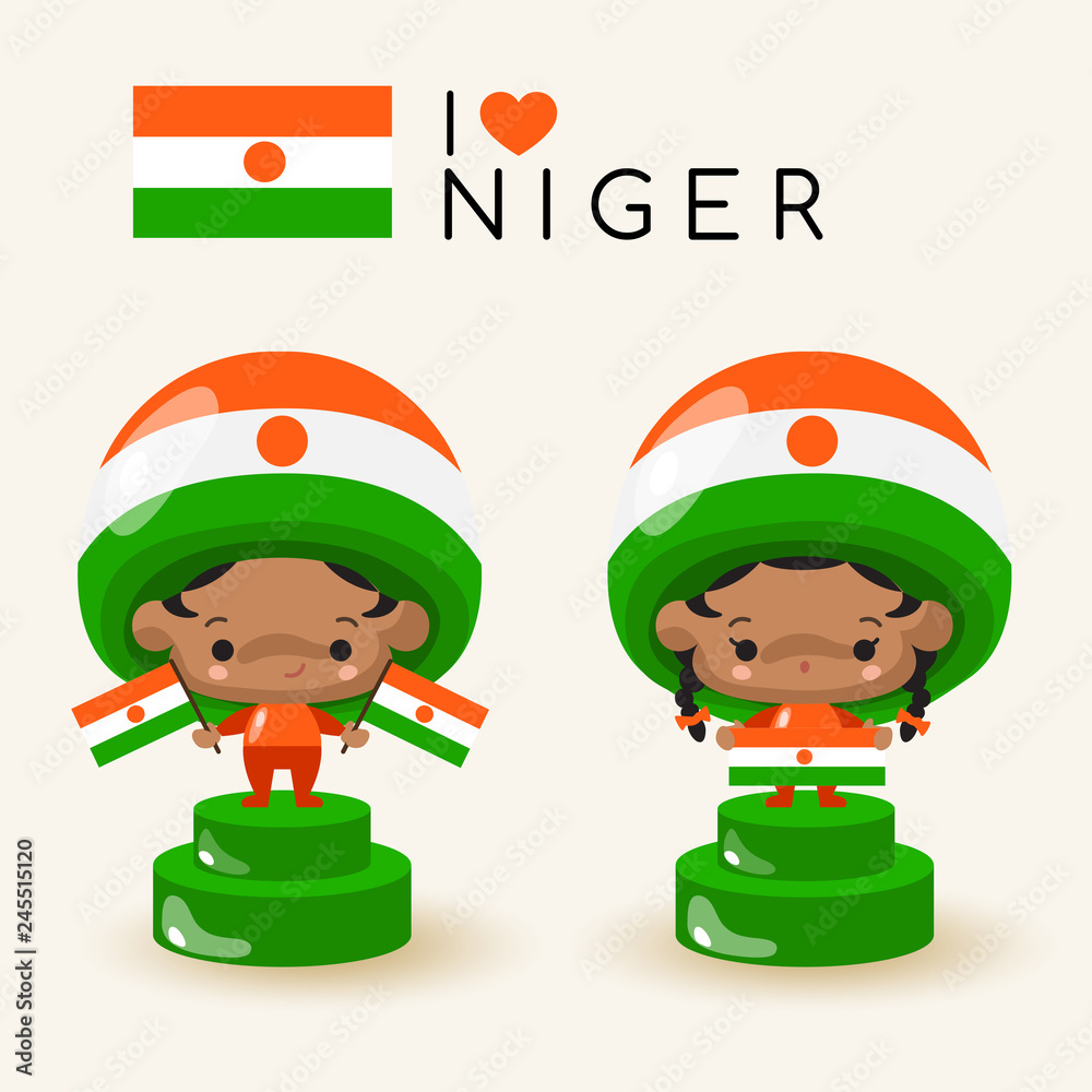 Boy and girl wearing national hat and holding national flags : Niger : Vector Illustration Boy and girl wearing national hat and holding national flags : Niger : Vector Illustration