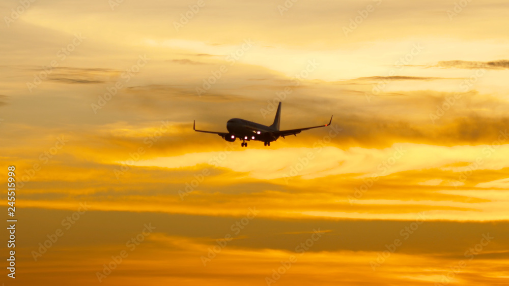 The plane flies in the background of the sunset sky The plane flies in the background of the sunset sky