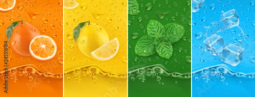 Juicy and fresh fruit. Orange, Lemon, mint, ice water. Dew drops and splash. 3d vector realistic set. High quality 50Mb eps photo