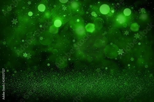 green cute sparkling glitter lights defocused bokeh abstract background with falling snow flakes fly, festal mockup texture with blank space for your content