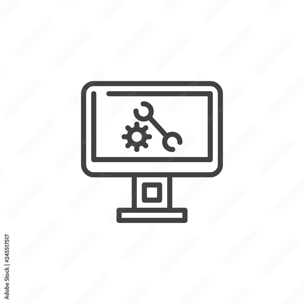 Computer settings line icon. linear style sign for mobile concept and web design. PC monitor with gear and wrench outline vector icon. Symbol, logo illustration. Pixel perfect vector graphics Computer settings line icon. linear style sign for mobile concept and web design. PC monitor with gear and wrench outline vector icon. Symbol, logo illustration. Pixel perfect vector graphics