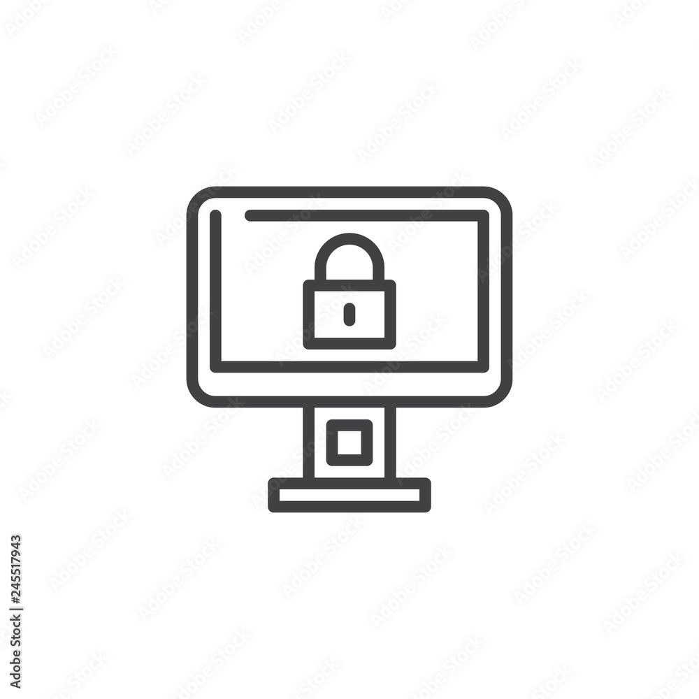 Computer security line icon. linear style sign for mobile concept and web design. Computer monitor and padlock outline vector icon. Symbol, logo illustration. Pixel perfect vector graphics Computer security line icon. linear style sign for mobile concept and web design. Computer monitor and padlock outline vector icon. Symbol, logo illustration. Pixel perfect vector graphics