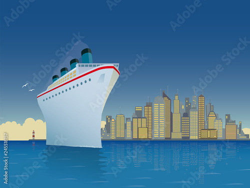 Vintage Cruise Ship in front of city skyline