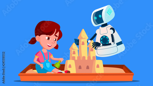 Robot Builds A Sand Castle With Little Child On The Sandbox Vector. Isolated Illustration