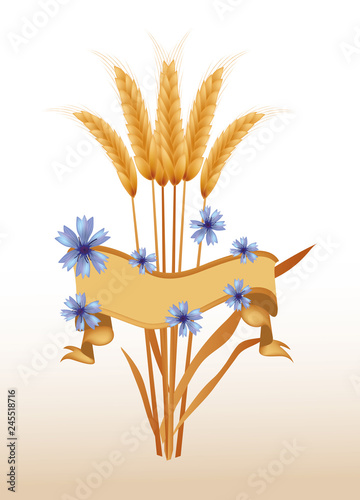 Strauß aus Getreideähren mit Banner und Kornblumen