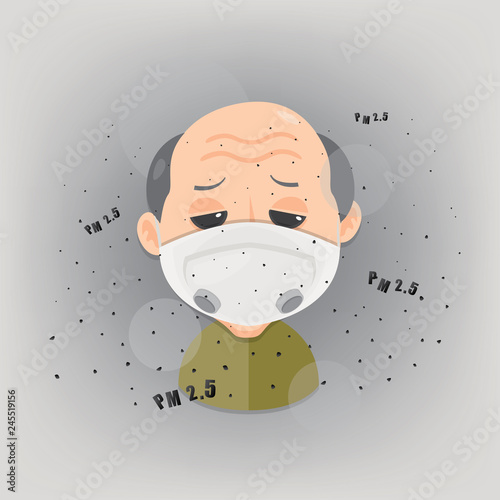 Old man is wearing n95 mask to protect outdoor air pollution. PM 2.5 in dust meter.