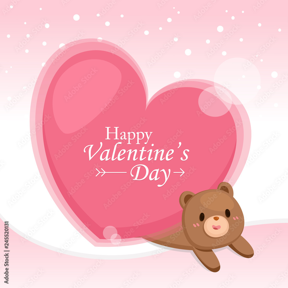 Valentine's Day Greeting card. Big heart with cute  bear on pink background.