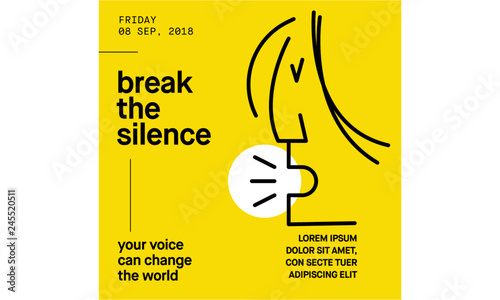 SPEAK UP Ad Template. Woman Protesting for Women rights, equality and inappropriate sexual behaviour towards women. Woman shouting line illustration