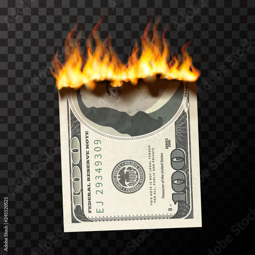 Realistic burning dummy of one hundred USA dollars banknote with fire flames